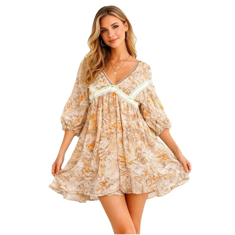 Umgee Small Floral Lace Trim Puff Sleeve Cottagecore Boho summer Dress - Picture 1 of 6